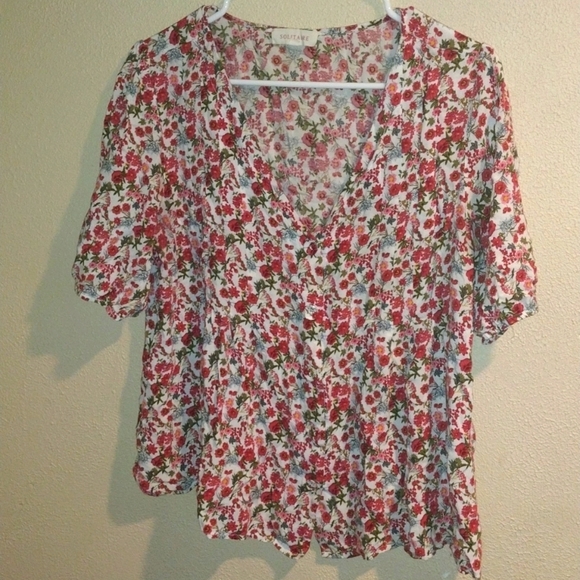Solitaire Floral V Neck Button Down Short Sleeve Top L - Picture 1 of 7